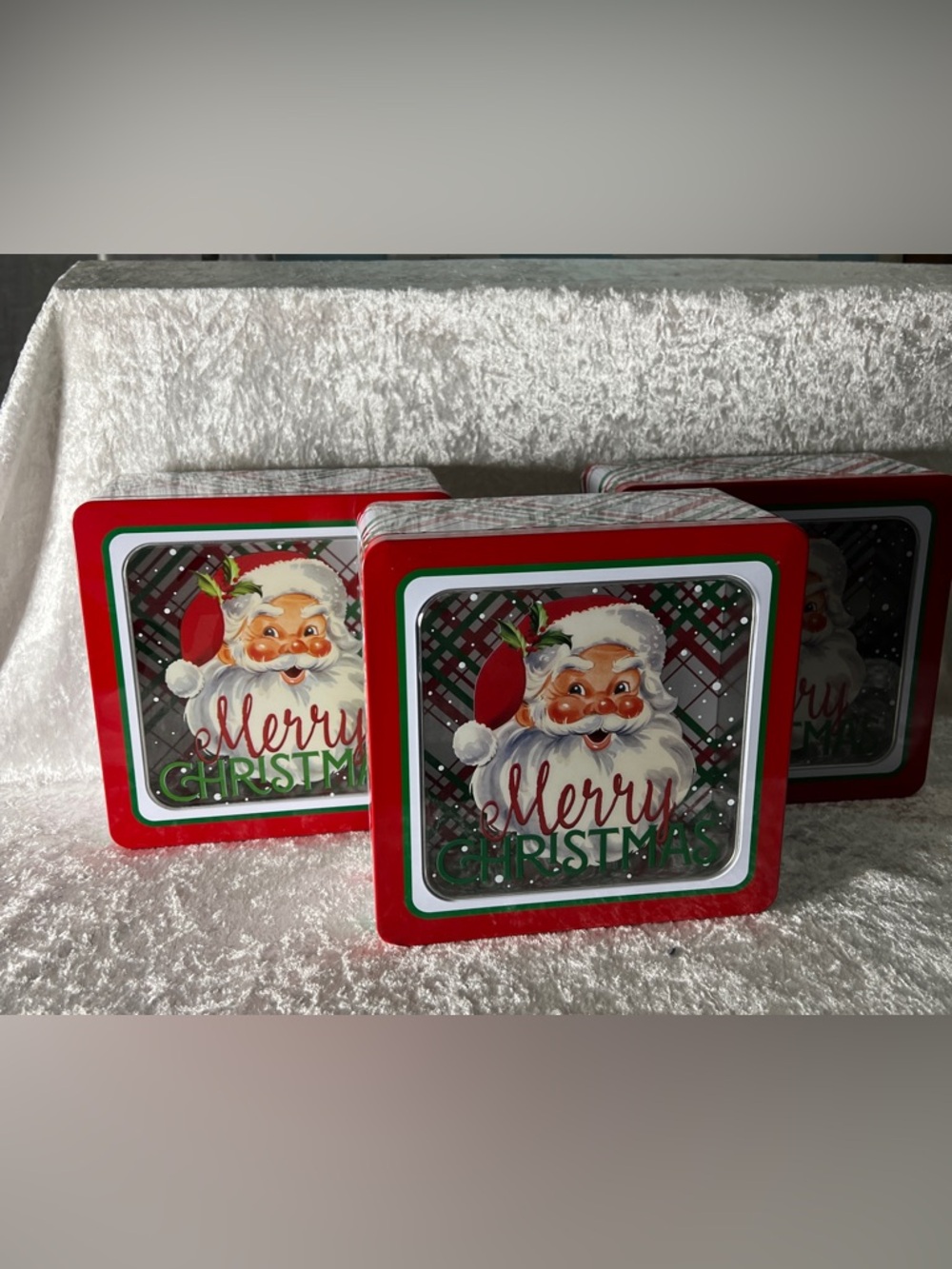3-🆕 Santa 'Merry Christmas' Decorative Cookie Tins - Red & Green